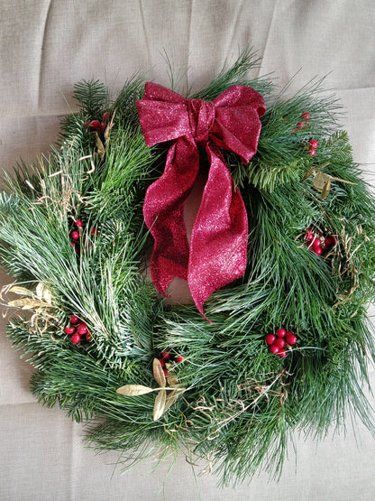 Real Christmas Door Wreath, Pre-order for delivery for december on the Wirral, Liverpool, Chester, or make your own real spruce wreath at our wreath making workshop at bloomies coffee