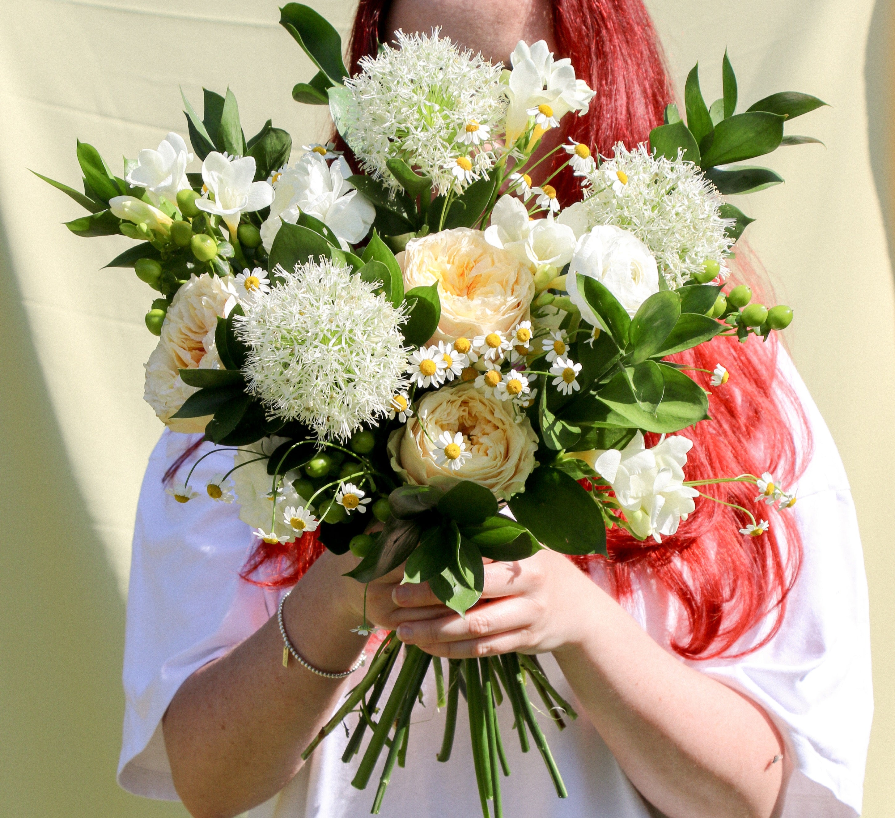 White and green wild wedding bouquet with a neutral spring colour palette 